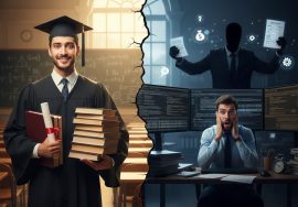 مترجم حديث التخرج يعمل على لابتوب يعرض أداة ترجمة بمساعدة الحاسوب مع كتب جامعية ترمز للفجوة بين الدراسة وسوق العمل