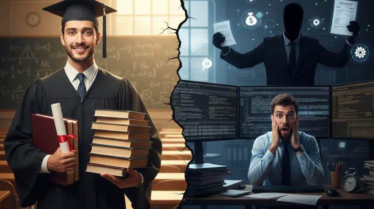 مترجم حديث التخرج يعمل على لابتوب يعرض أداة ترجمة بمساعدة الحاسوب مع كتب جامعية ترمز للفجوة بين الدراسة وسوق العمل