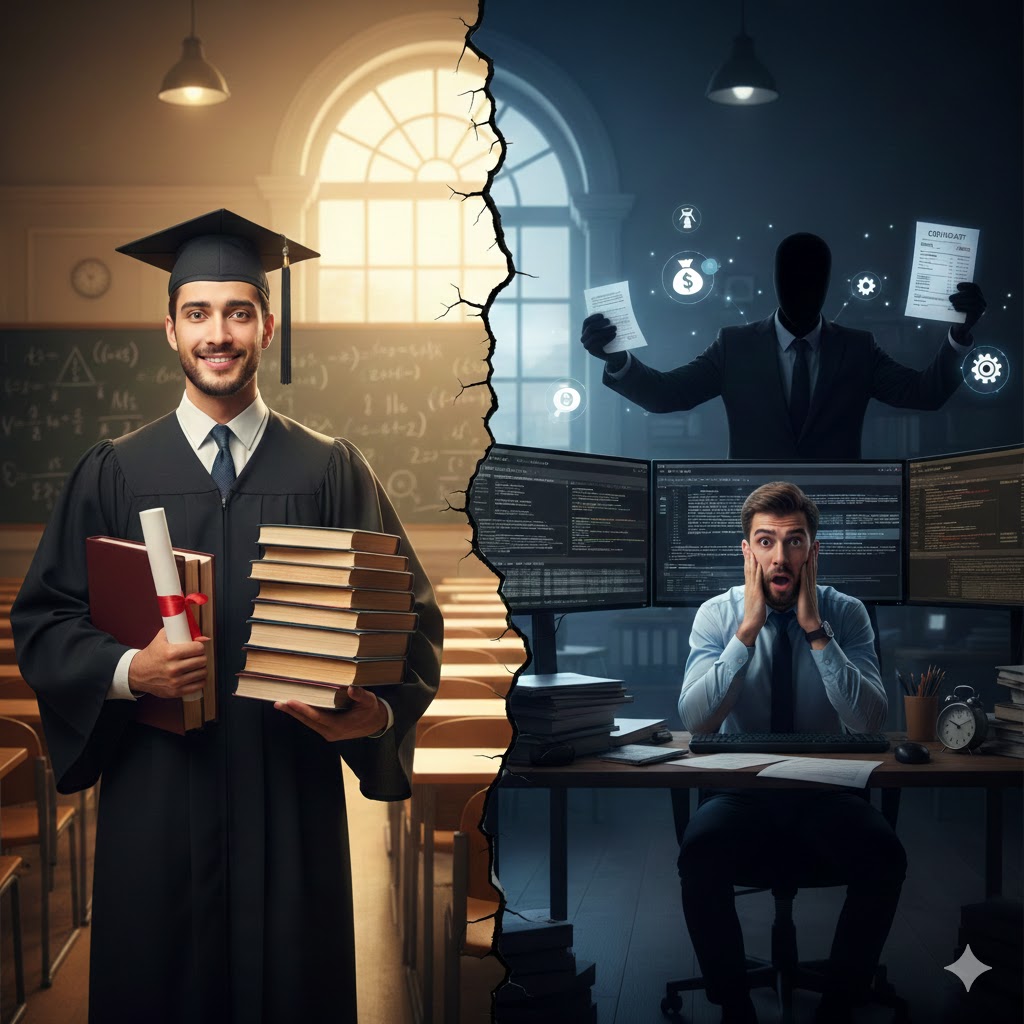 مترجم حديث التخرج يعمل على لابتوب يعرض أداة ترجمة بمساعدة الحاسوب مع كتب جامعية ترمز للفجوة بين الدراسة وسوق العمل