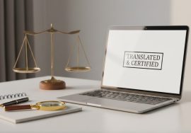 مكتب مترجم معتمد مع ميزان العدالة وشاشة تعرض ترجمة معتمدة.