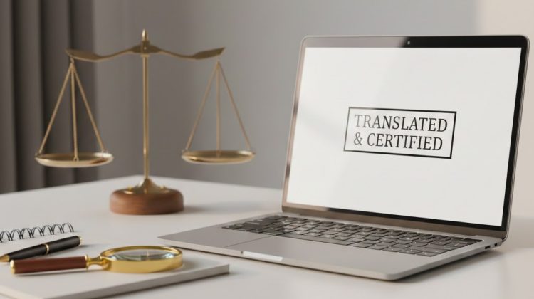 مكتب مترجم معتمد مع ميزان العدالة وشاشة تعرض ترجمة معتمدة.
