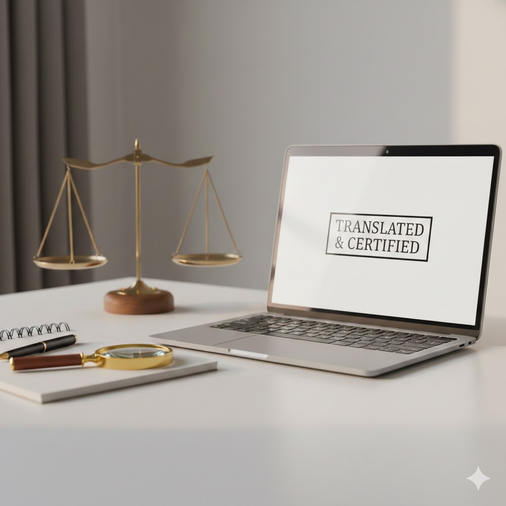 مكتب مترجم معتمد مع ميزان العدالة وشاشة تعرض ترجمة معتمدة.