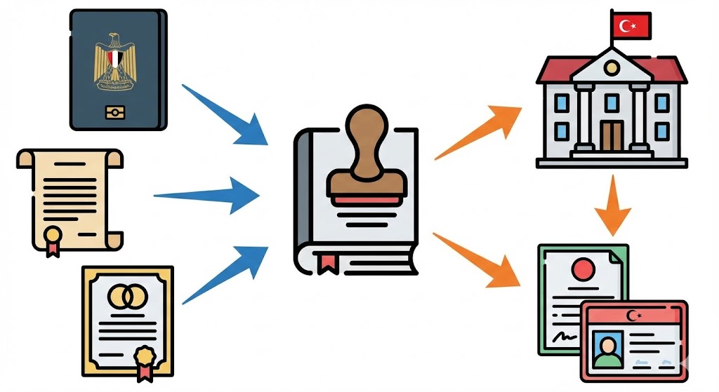 مستندات رسمية وجواز سفر وختم توثيق ضمن تجهيز أوراق السفر إلى تركيا.