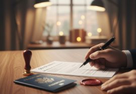 يد تراجع مستندًا رسميًا على مكتب خشبي بجانب جواز سفر وختم، في إشارة إلى خدمات الترجمة المعتمدة للمستندات الرسمية.