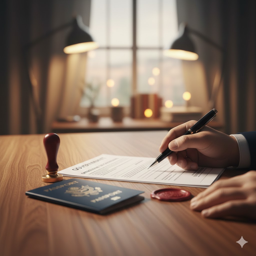 يد تراجع مستندًا رسميًا على مكتب خشبي بجانب جواز سفر وختم، في إشارة إلى خدمات الترجمة المعتمدة للمستندات الرسمية.