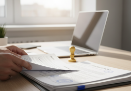 مراجعة مستندات رسمية مختومة قبل تسليم الترجمة المعتمدة، مع وجود ختم على المكتب ولابتوب في الخلفية.