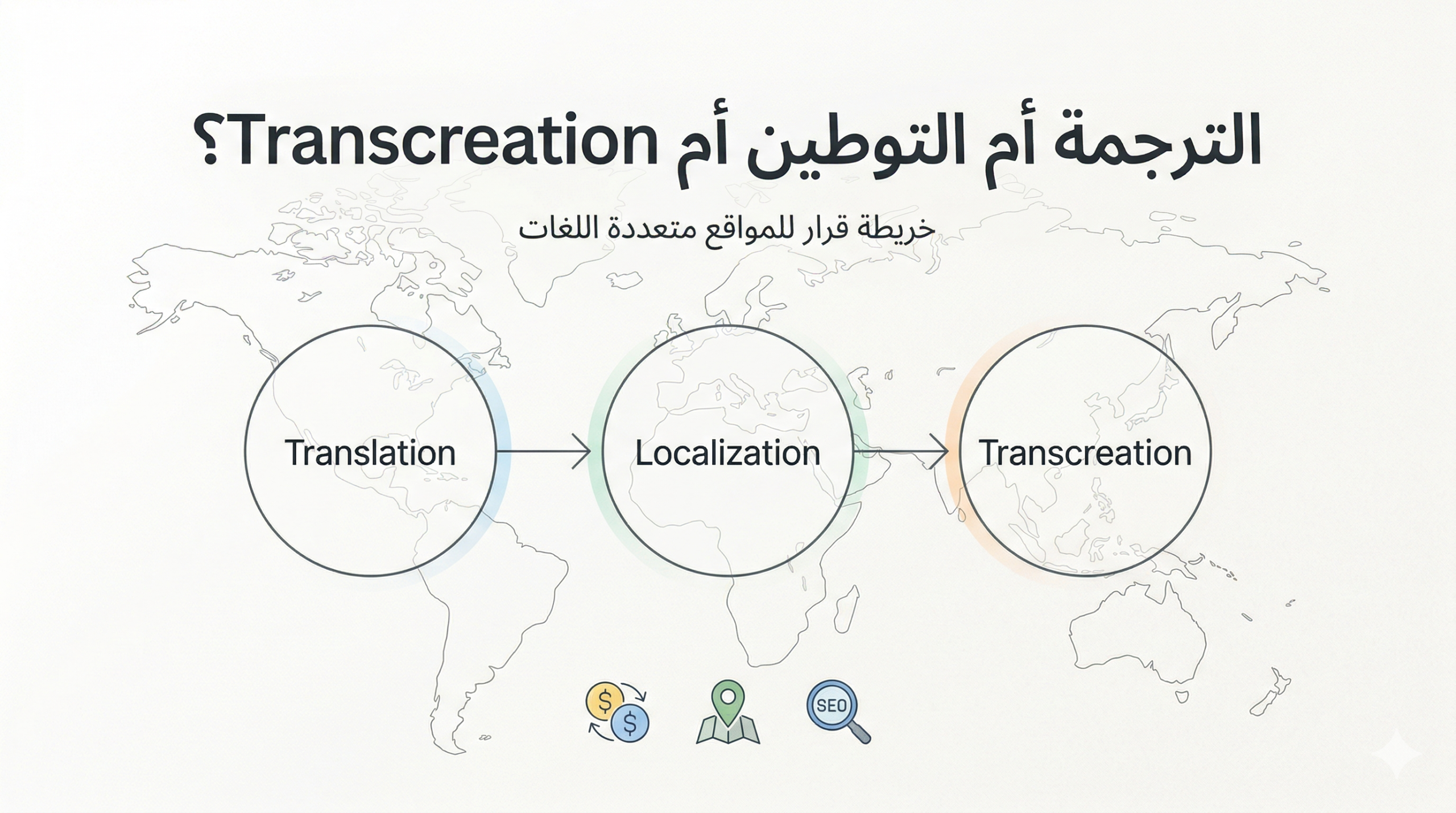 خريطة قرار توضّح الفرق بين الترجمة والتوطين وTranscreation للمواقع متعددة اللغات.