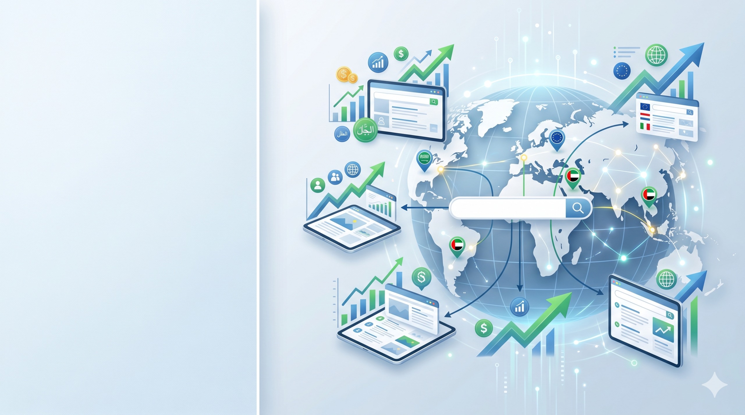 غلاف بسيط واحترافي لمقال عن SEO متعدد اللغات، يوضح أن الترجمة الحرفية لا تكفي وأن كل سوق يحتاج إلى كلمات مفتاحية مناسبة، باستخدام خريطة عالمية وشريط بحث ومؤشرات نمو، بدون أي نص داخل الصورة.