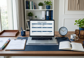 لابتوب يعرض brief ترجمة منظم داخل مكتب حديث بدون أشخاص.