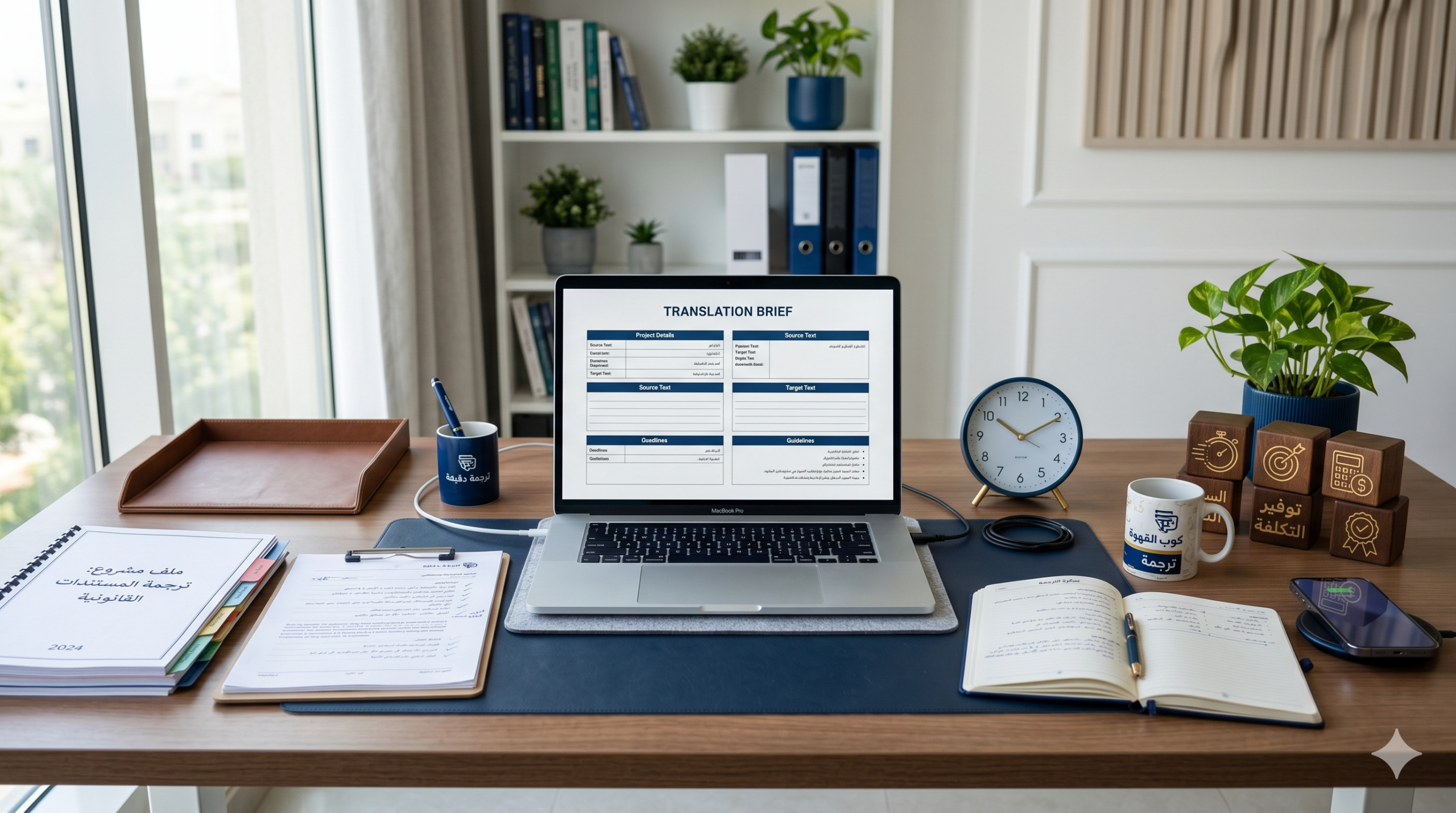 لابتوب يعرض brief ترجمة منظم داخل مكتب حديث بدون أشخاص.