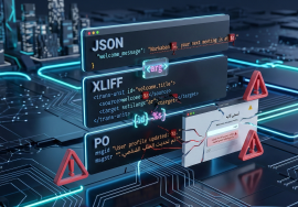 تصميم ثلاثي الأبعاد يعرض لوحات كود عائمة لملفات JSON وXLIFF وPO مع متغيرات متوهجة وواجهة تطبيق متكسرة بسبب خطأ ترجمة تقني.