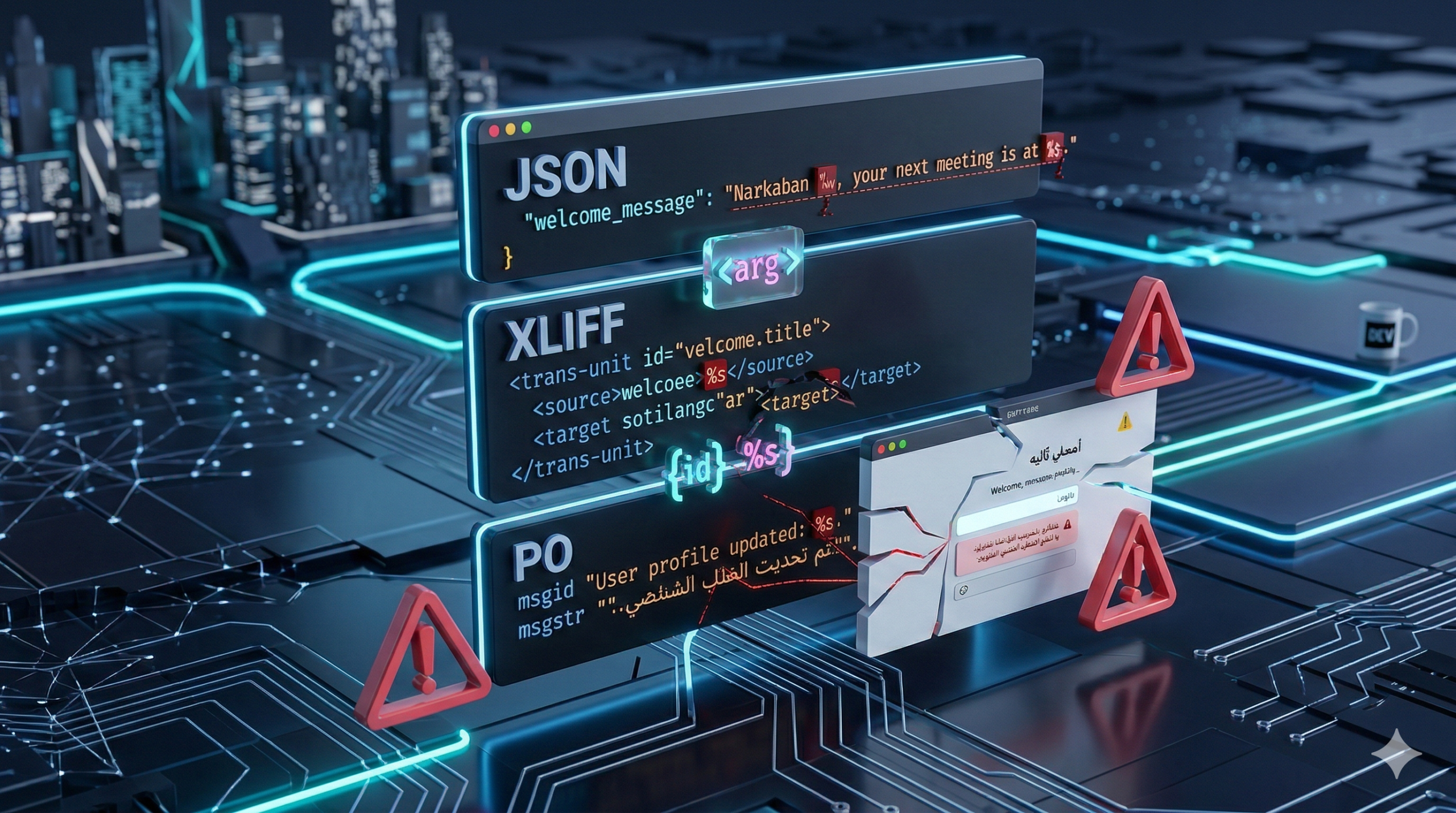 تصميم ثلاثي الأبعاد يعرض لوحات كود عائمة لملفات JSON وXLIFF وPO مع متغيرات متوهجة وواجهة تطبيق متكسرة بسبب خطأ ترجمة تقني.