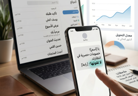 هاتف ذكي في المقدمة يعرض رسالة تسويقية عربية مع كلمة بارزة، وبجواره لابتوب ولوحة تحليلات تُظهر ارتفاع معدل النقر في بيئة عمل حديثة.