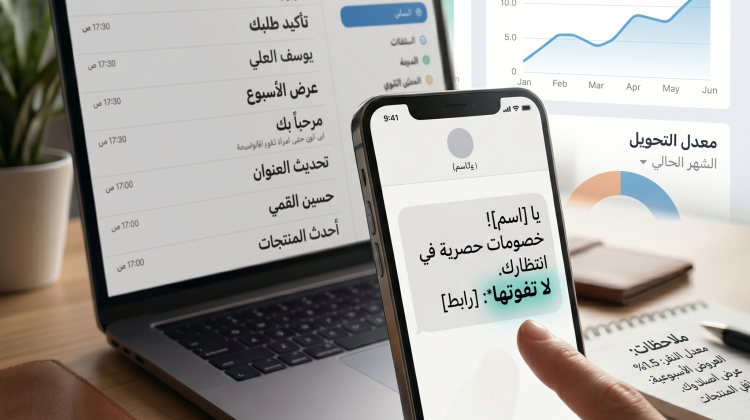 هاتف ذكي في المقدمة يعرض رسالة تسويقية عربية مع كلمة بارزة، وبجواره لابتوب ولوحة تحليلات تُظهر ارتفاع معدل النقر في بيئة عمل حديثة.