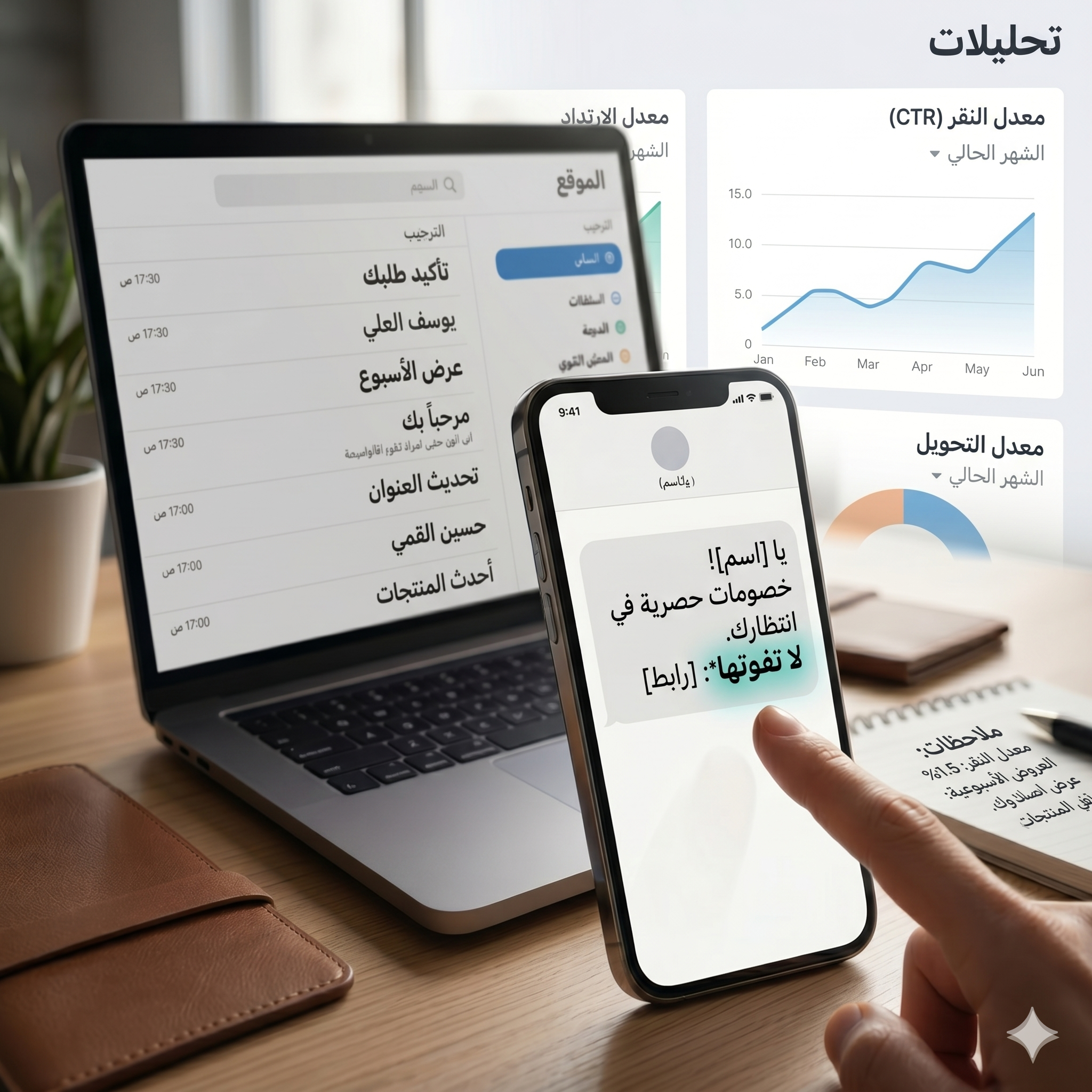 هاتف ذكي في المقدمة يعرض رسالة تسويقية عربية مع كلمة بارزة، وبجواره لابتوب ولوحة تحليلات تُظهر ارتفاع معدل النقر في بيئة عمل حديثة.