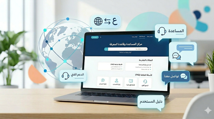 صورة توضيحية لمركز مساعدة وقاعدة معرفة باللغة العربية على شاشة لابتوب، مع رموز للدعم الفني والتوطين والترجمة وخدمة العملاء.