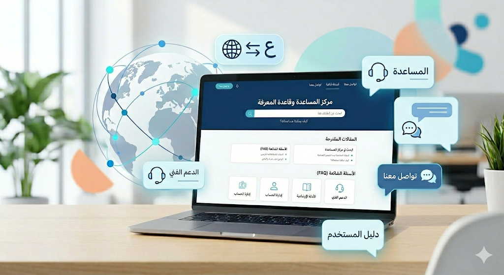 صورة توضيحية لمركز مساعدة وقاعدة معرفة باللغة العربية على شاشة لابتوب، مع رموز للدعم الفني والتوطين والترجمة وخدمة العملاء.