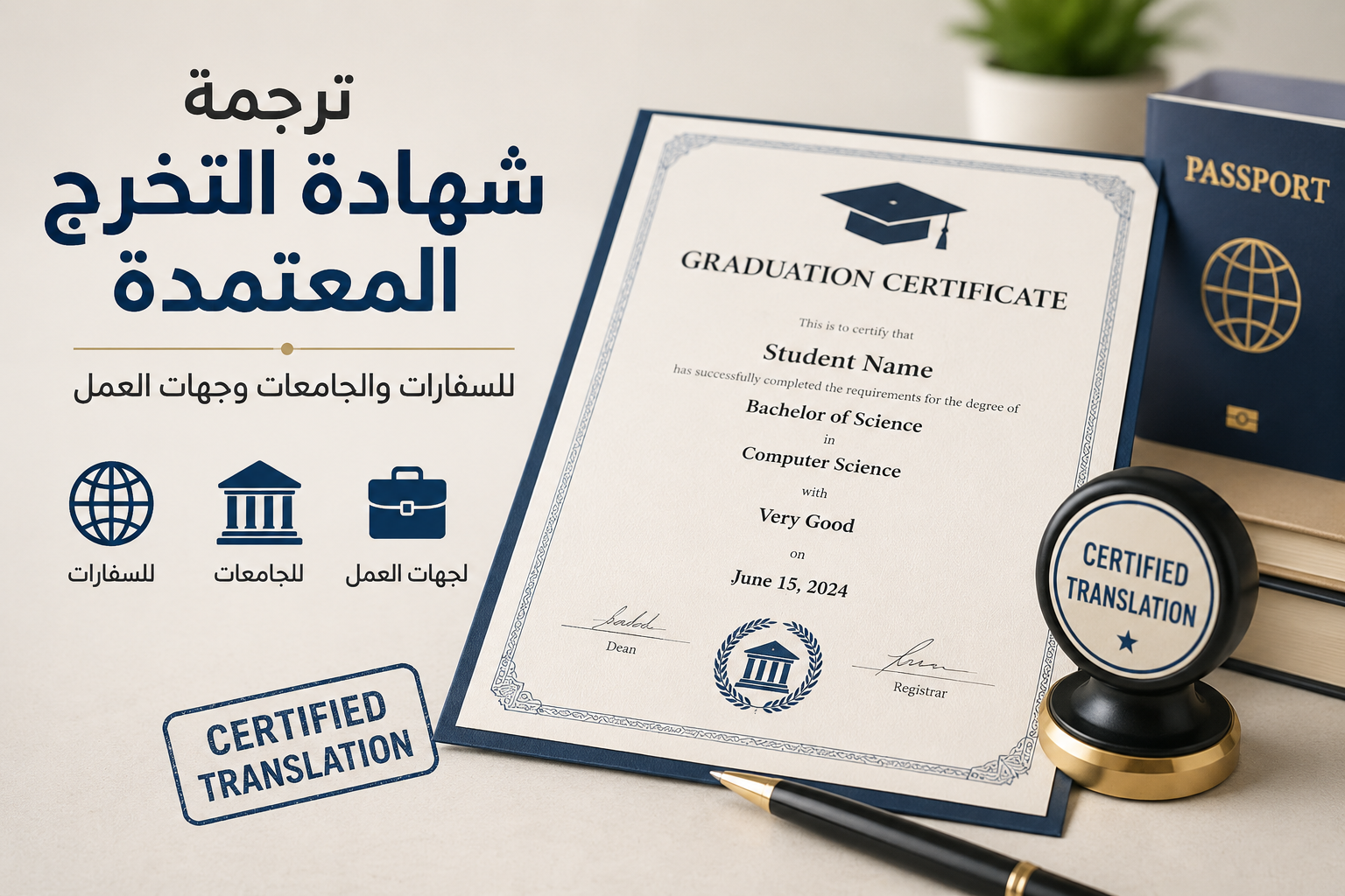 ترجمة شهادة التخرج المعتمدة للسفارات والجامعات وجهات العمل من مكتب ترجمة معتمد