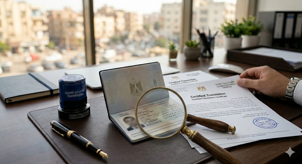 ترجمة الاسم في المستندات الرسمية مع جواز سفر وشهادة مترجمة وختم ترجمة معتمدة.